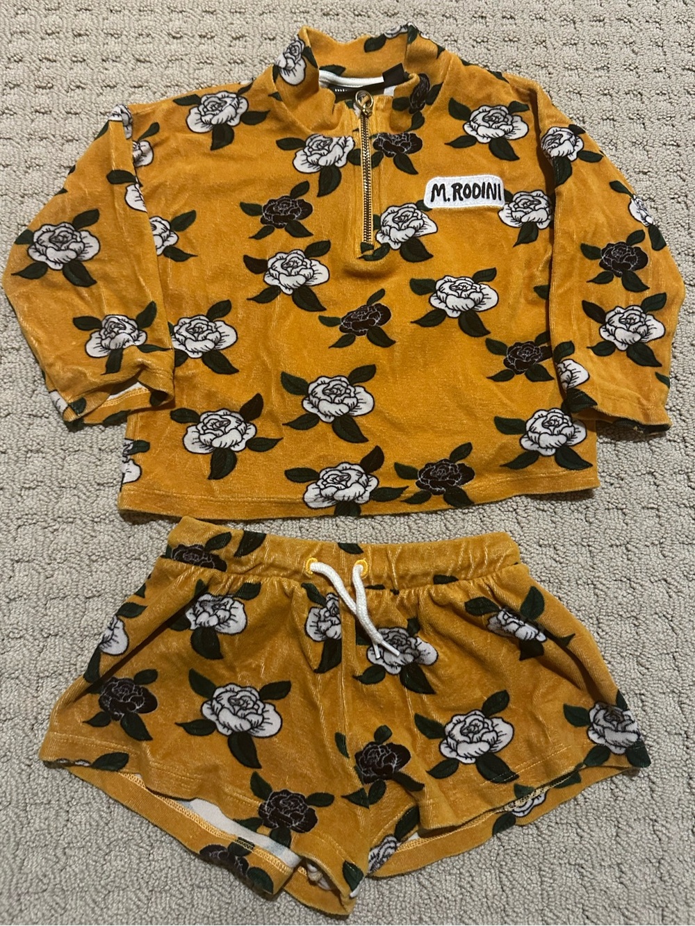 Mini Rodini Mustard Floral Terry Set - Pullover & Shorts